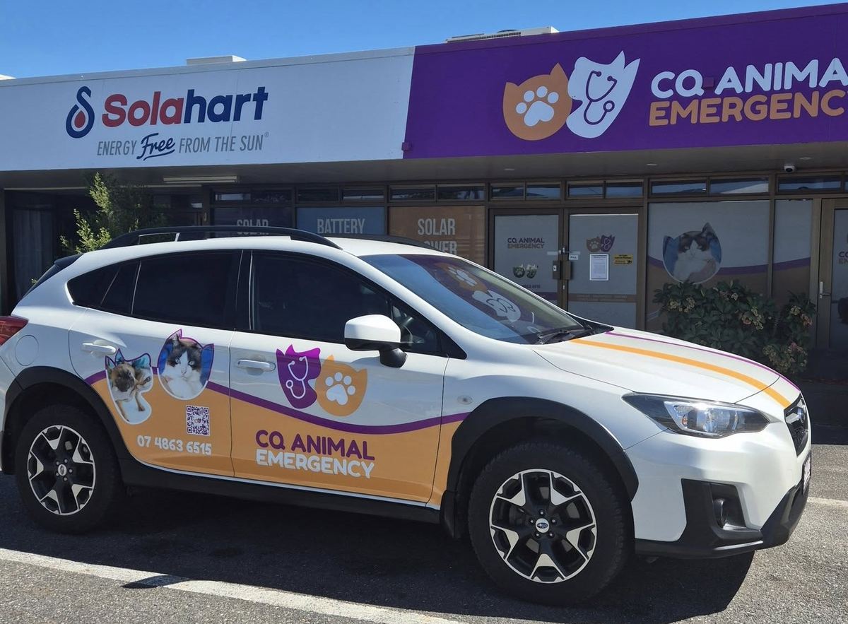 The CQ Animal Emergency clinic at 299 Richardson Road, Kawana, with the branded clinic car parked out the front